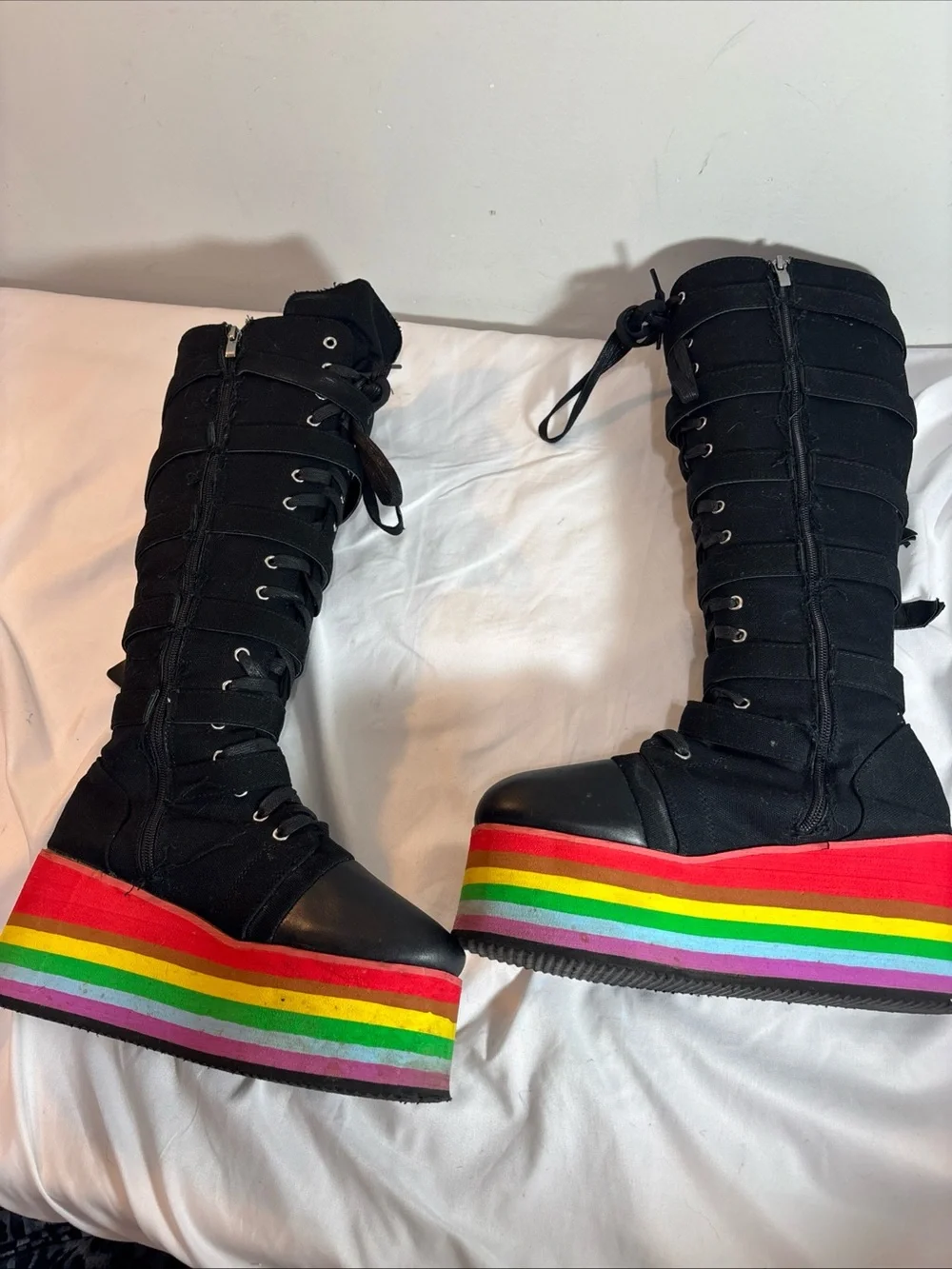 Black Lace-Up Platform Boots with Rainbow Sole